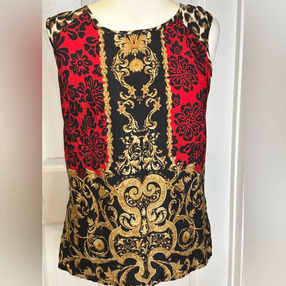 Laundry By Shelli Segal Blouse Top Red Ren Artsy Black Floral Sleeveless Size 10